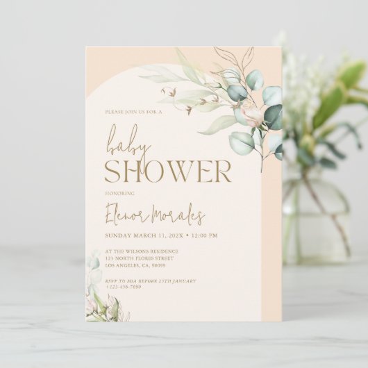 Soft pink boho Arch Baby Dusche Party Einladung (Stehend Vorderseite)