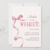 Soft Pink Bow Dritter Geburtstag Mädchen Einladung (Vorderseite)