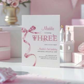Soft Pink Bow Dritter Geburtstag Mädchen Einladung