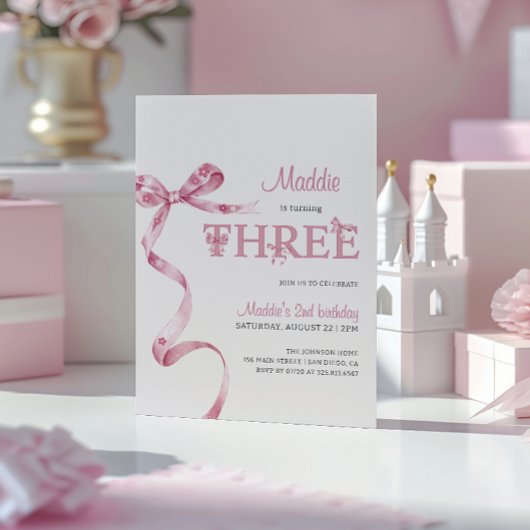 Soft Pink Bow Dritter Geburtstag Mädchen Einladung