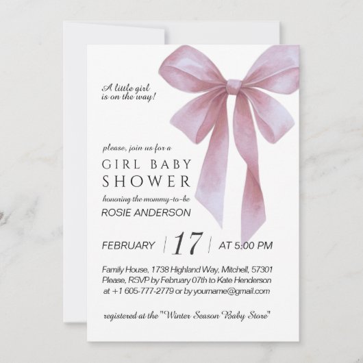 Soft Pink Bow Girl Baby Shower Einladung (Vorderseite)