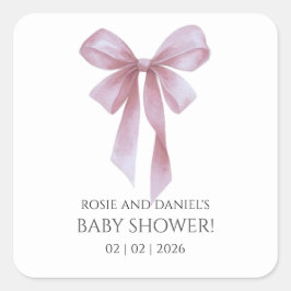 Soft Pink Bow Girl Baby Shower Quadratischer Aufkleber