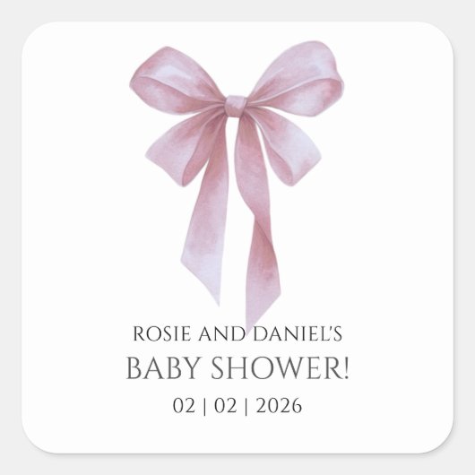 Soft Pink Bow Girl Baby Shower Quadratischer Aufkleber (Vorderseite)