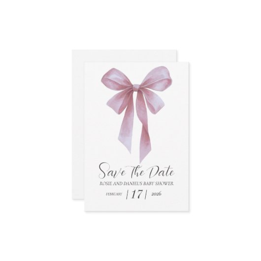 Soft Pink Bow Girl Baby Shower Save The Date (Vorderseite/Rückseite Beispiel)