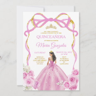 Soft Pink Bow Princess Gold Crown Quinceañera Einladung