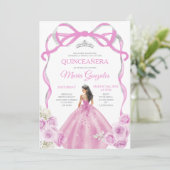 Soft Pink Bow Princess Silver Crown Quinceañera Einladung (Stehend Vorderseite)