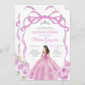 Soft Pink Bow Princess Silver Crown Quinceañera Einladung (Vorne/Hinten)