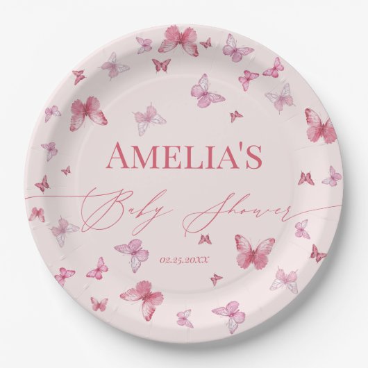 Soft Pink Butterfly Babydusche Pappteller (Vorderseite)