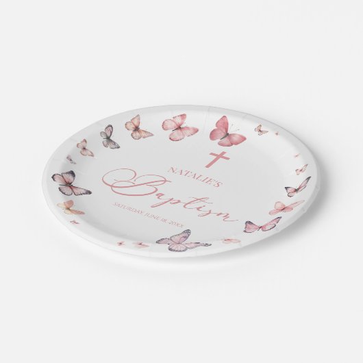 Soft Pink Butterfly Baptisse Pappteller (Schrägansicht)