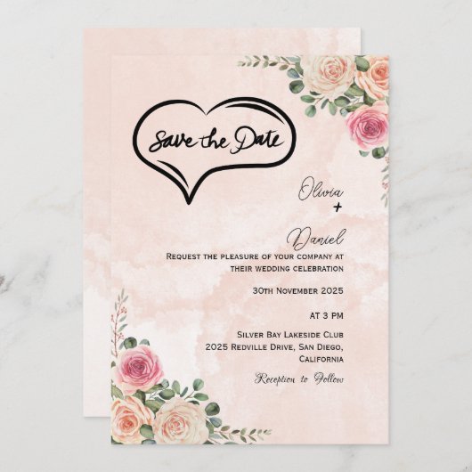 Soft Pink Cream Floral Wedding Save the Date Einladung (Vorne/Hinten)