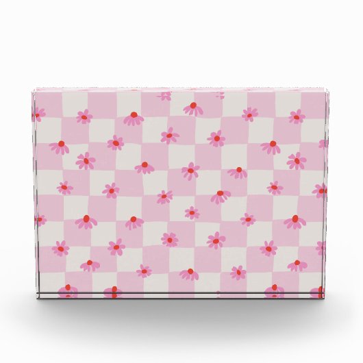 Soft Pink Daisy Checkerboard Floral Pattern Fotoblock (Vorderseite)