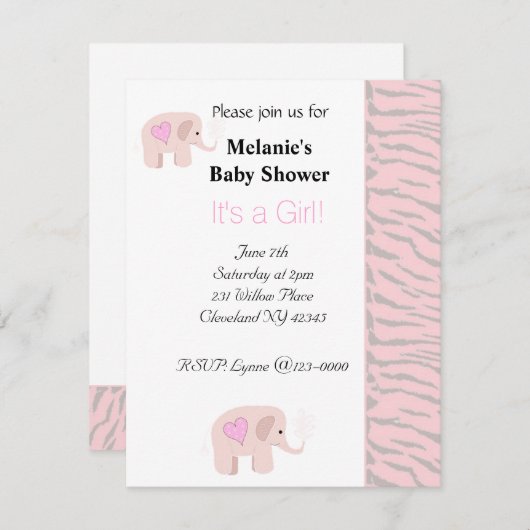 Soft Pink Elephant Baby Dusche Einladung (Vorne/Hinten)
