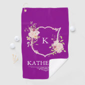 Soft Pink Feminine Botanical Crest Purple Monogram Golfhandtuch (Insitu)