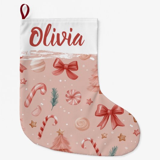 Soft Pink Festive Pattern Christmas Stocking Großer Weihnachtsstrumpf (Vorderseite)