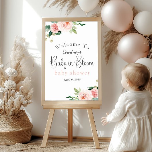 Soft Pink Floral Baby in Bloom Baby Dusche Begrüßu Poster