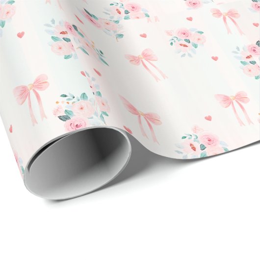 Soft Pink Floral & Bow Pattern – Cute Romantic  Geschenkpapier (Rolleneckpunkt)
