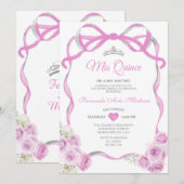 Soft Pink Floral Bow Ribbon Silver Girl Mis Quince Einladung (Vorne/Hinten)