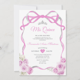 Soft Pink Floral Bow Ribbon Silver Girl Mis Quince Einladung