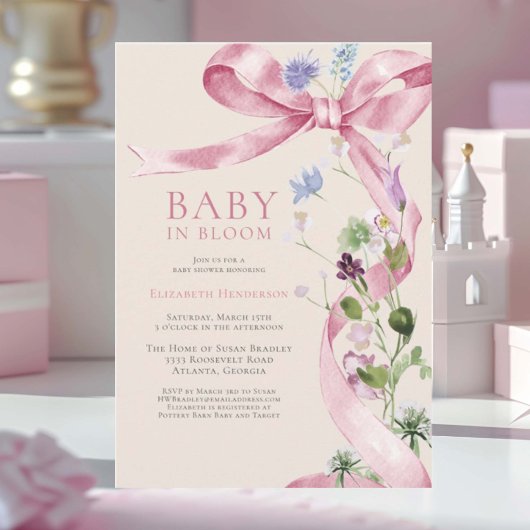 Soft Pink Floral Bow Wildblume Babydusche Einladung