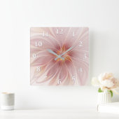Soft Pink Floral Dream Abstraktes Fraktal Kunst Bl Quadratische Wanduhr (Zuhause)
