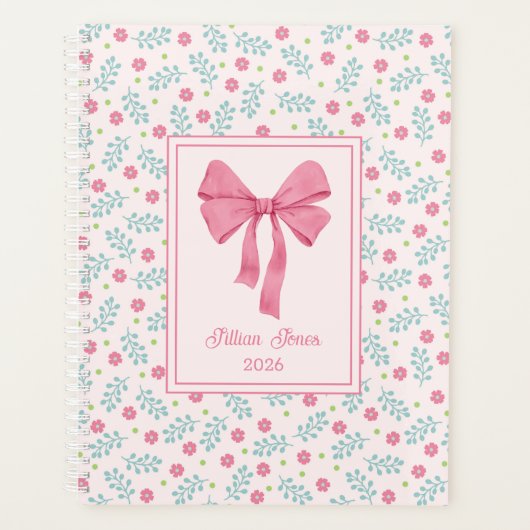 Soft Pink Floral Framed Pink Bow Custom Name Planer (Vorderseite)