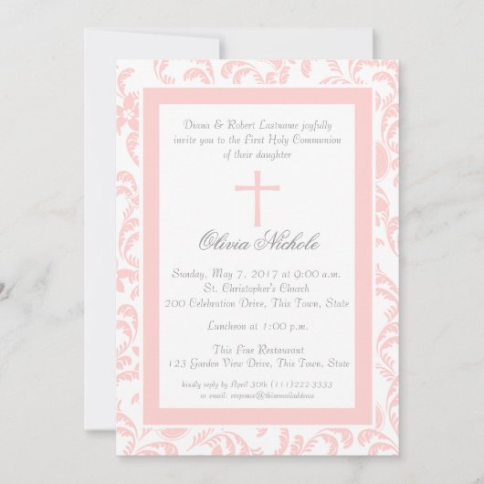 Soft Pink Floral Paisley Erste Kommune Einladung (Vorderseite)