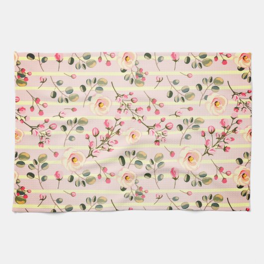 Soft Pink Floral Stripe Pattern Geschirrtuch (Horizontal)
