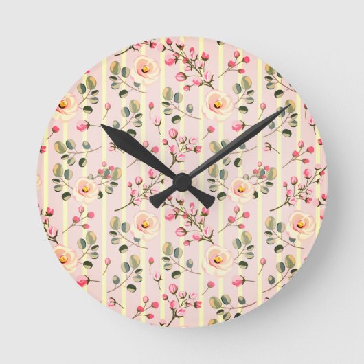 Soft Pink Floral Stripe Pattern Runde Wanduhr (Vorderseite)