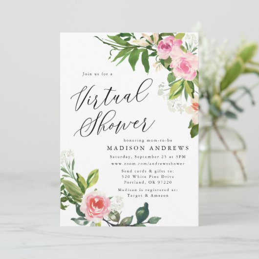 Soft Pink Floral Virtual Baby Dusche Einladung (Stehend Vorderseite)