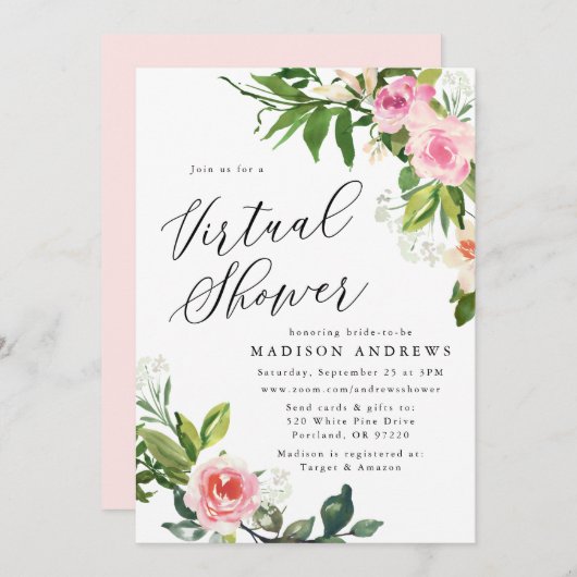 Soft Pink Floral Virtual Brautparty Einladung (Vorne/Hinten)