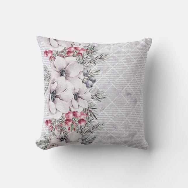 Soft Pink Florals on Geometric Gray Kissen (Vorderseite)
