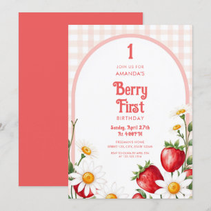 Soft Pink Gingham Strawberries Daisy 1. Geburtstag Einladung