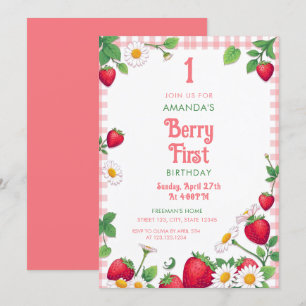 Soft Pink Gingham Strawberry Girl's 1. Geburtstag Einladung
