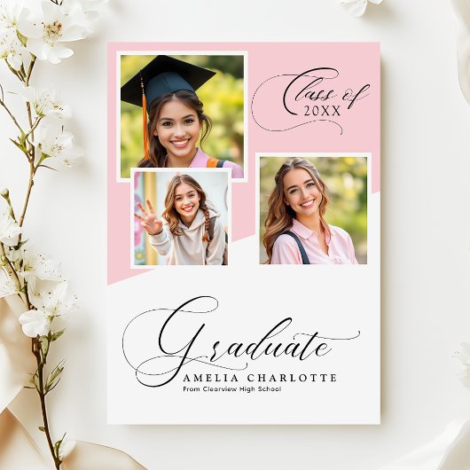 Soft Pink Girly Modern Photo Collage Graduation Ankündigung