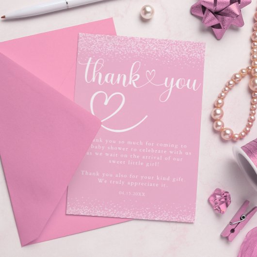 Soft Pink Glitter Thank You Heart Script Dankeskarte
