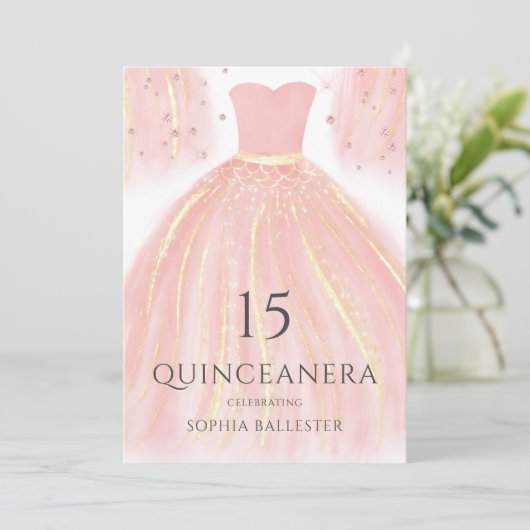 Soft Pink Glitzer Dress Sweet 15 Quinceanera Party Einladung (Stehend Vorderseite)