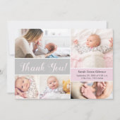 Soft Pink Gray Custom Baby Foto Collage Dankeskarte (Vorderseite)