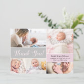 Soft Pink Gray Custom Baby Foto Collage Dankeskarte (Stehend Vorderseite)