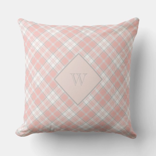 Soft Pink Gray Monogram Gingham Girly Kariert Kissen (Vorderseite)