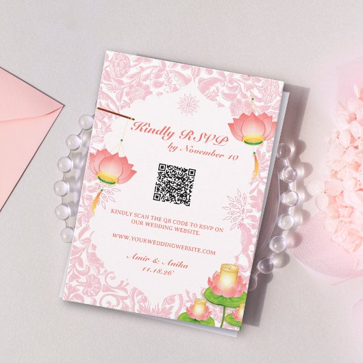 Soft Pink Lotus Lanterns Indian Wedding RSVP Einladung