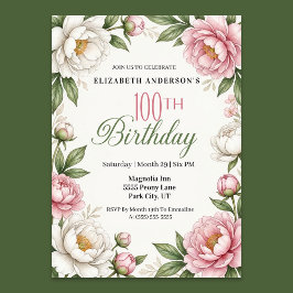 Soft Pink Magnolia and Peony 100th Birthday  Einladung
