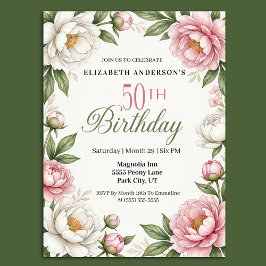 Soft Pink Magnolia and Peony 50th Birthday  Einladung