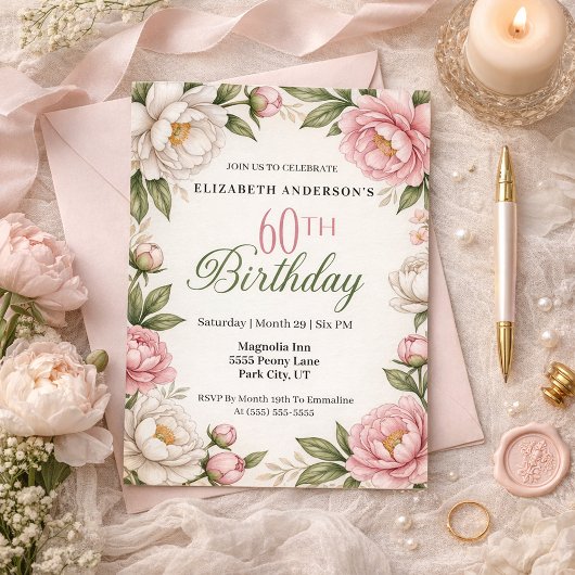 Soft Pink Magnolia and Peony 60th Birthday  Einladung