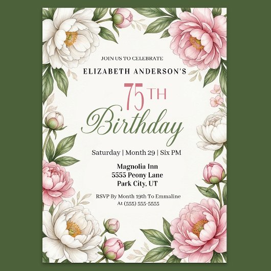 Soft Pink Magnolia and Peony 75th Birthday  Einladung