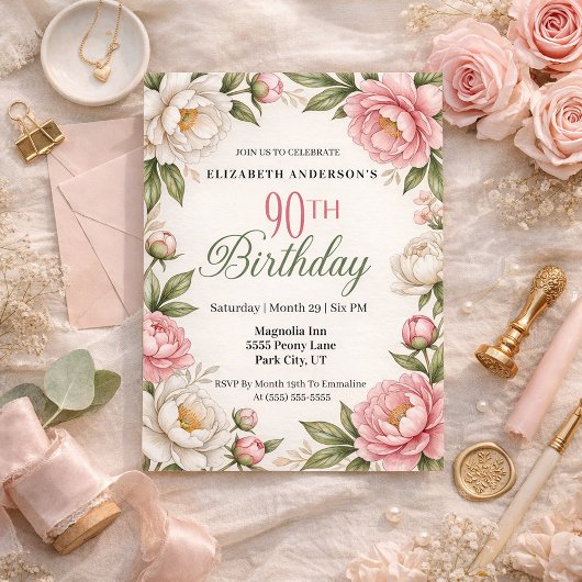 Soft Pink Magnolia and Peony 90th Birthday  Einladung