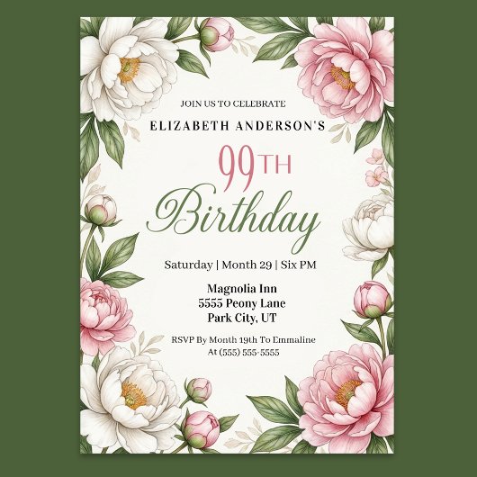 Soft Pink Magnolia and Peony 99th Birthday  Einladung