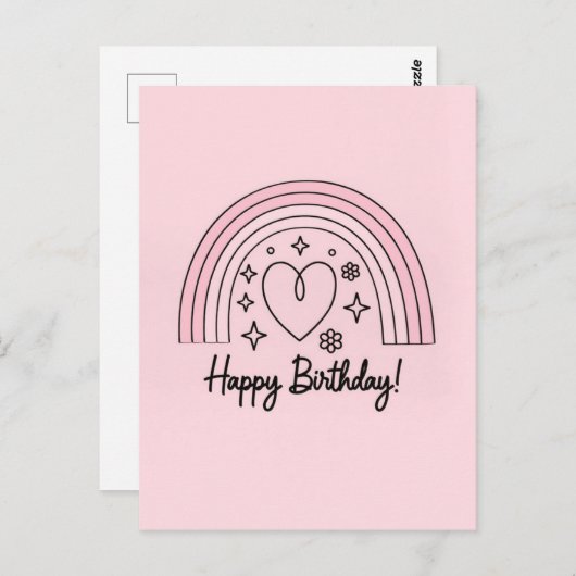 Soft pink minimalist heart with rainbow birthday postkarte (Vorne/Hinten)