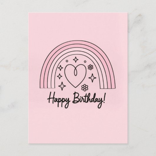Soft pink minimalist heart with rainbow birthday postkarte (Vorderseite)