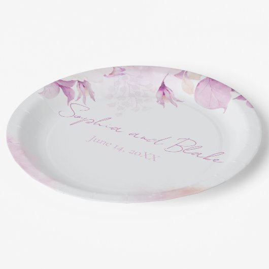 Soft Pink Moderne Boho Floral und Blätter Hochzeit Pappteller (Schrägansicht)
