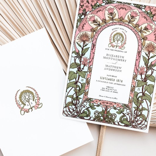 Soft Pink & Pastel Elegante Jugendstil-Hochzeit Einladung